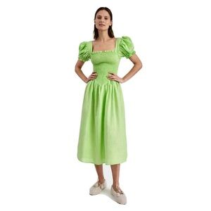 Sleeper Belle Linen Green Puff-Sleeve Midi Dress